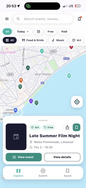 Avenue mobile explore screen with a map and event markers