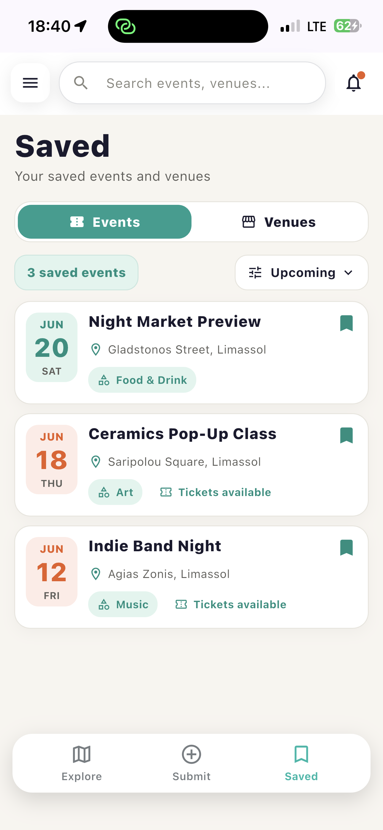 Avenue saved events screen