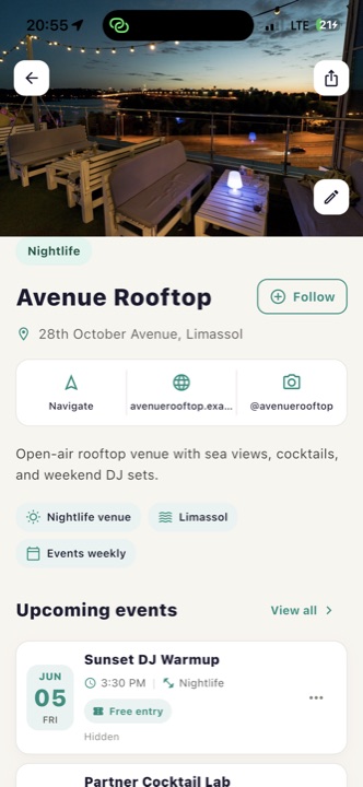 Avenue venue profile screen